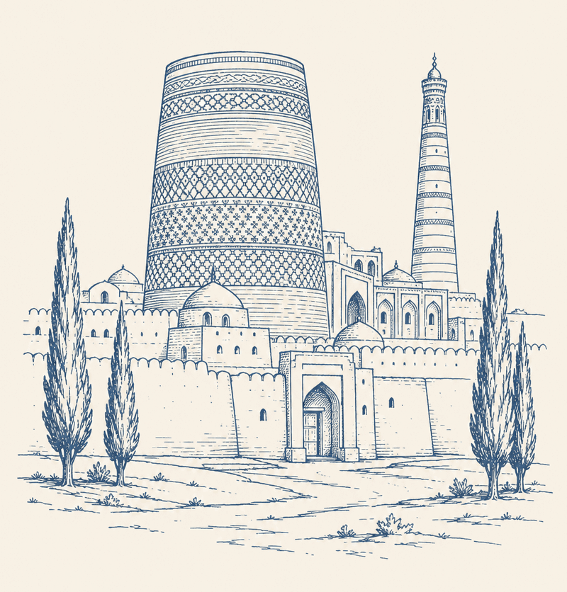 Line illustration of Khiva's Kalta Minor minaret, city walls, and cypress trees